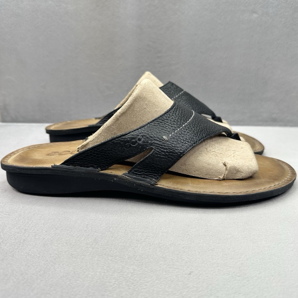 Mens 11-11.5 / EU 45 ECCO Sandals Black Leather Toe Post Thong Shock Point